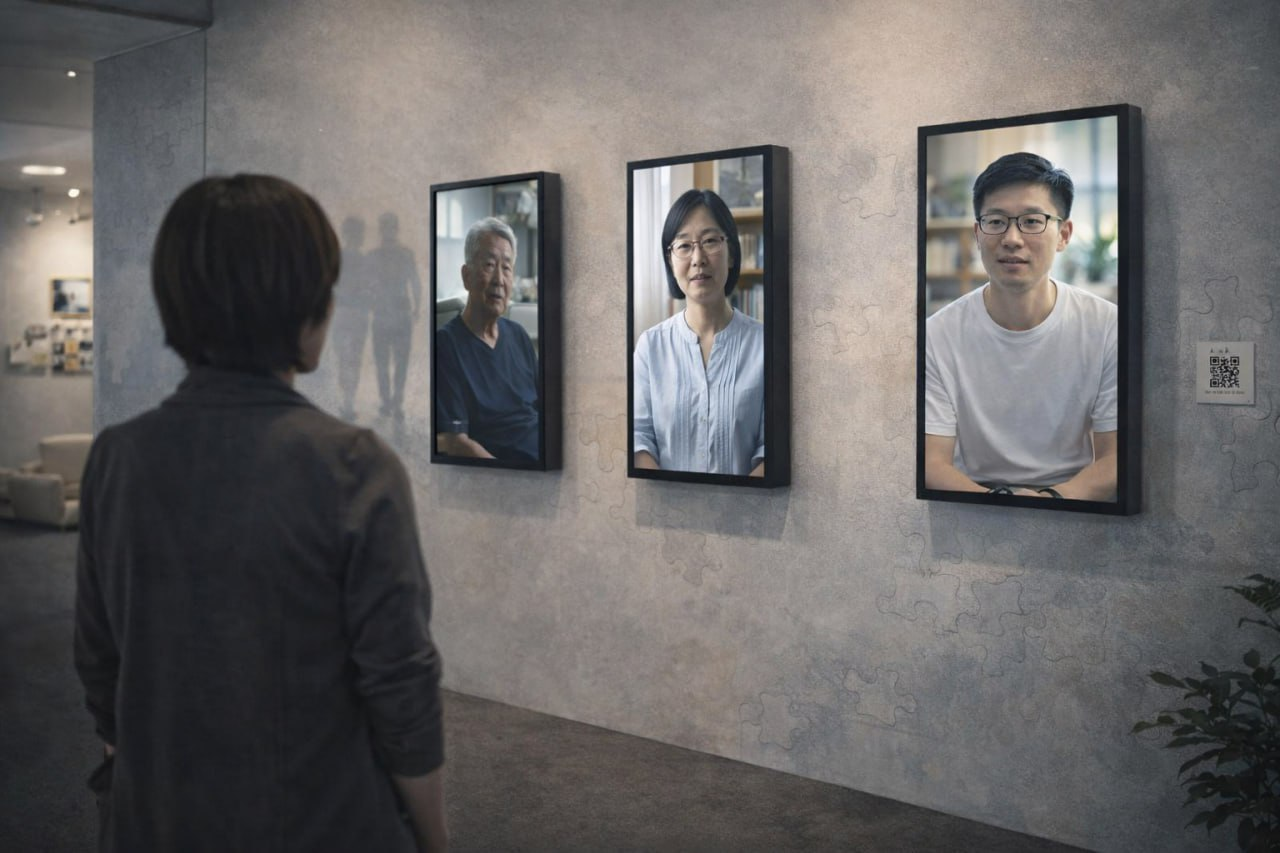 展示三位不同年齡人物肖像的數位螢幕牆
