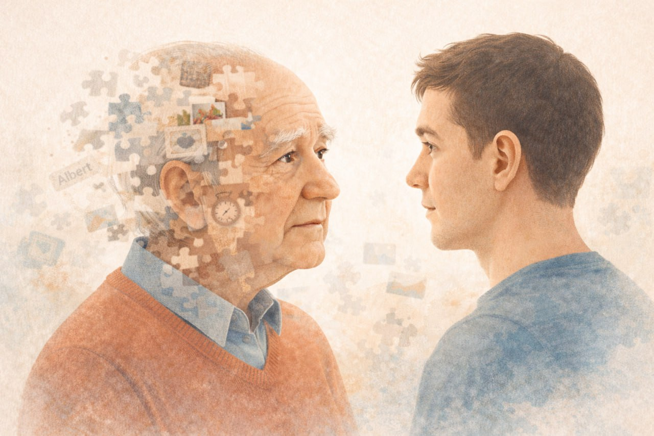 失智症關懷主視覺 - 一位年長者與年輕人面對面,拼圖碎片象徵記憶的流逝